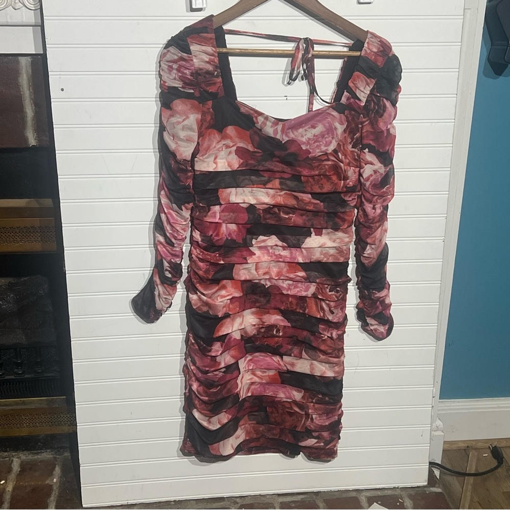Cache Black Rose Floral Print Tiered Layered Ruched Mesh Dress Size Medium